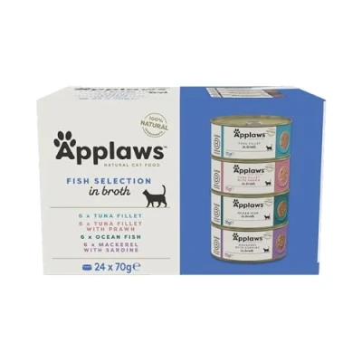 Afbeelding van Applaws 100% natuurlijk natvoer voor katten, viskeuze multipack in bouillon verpakking met 24 x 70 g blikjes