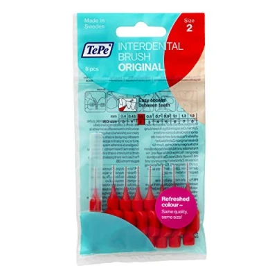 Afbeelding van TePe Interdentale borstel, origineel, rood, 0,5 mm/ISO 2, 8 stuks, tandwiel, verwijdert tanden, efficiënte reiniging tussen de voor smalle kroezen