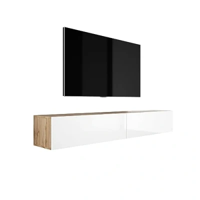 Afbeelding van 3E 3xE living.com Hangende tv kast (Breedte: 2 x 100 cm. Hoogte: 34 Diepte: 32 cm) lowboard, kast, Wotan eiken en wit hoogglans.