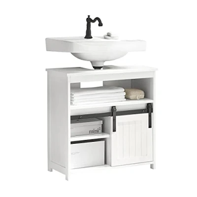 Afbeelding van SoBuy Wastafelonderkast Wastafelonderrek Badkamerkast onder wastafel Wastafelmeubel Wastafelkast Badkamer Onderkast met Planken en Schuifdeur, HBT: 62 x 60 30 cm, Wit, BZR61 W