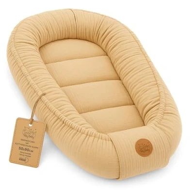 Afbeelding van Babynest babynestje pasgeboren met draaggreep 90 x 50 cm baby nestje draagbaar nest voor bed kinderen knuffelnest cocon jongens en meisjes Beige Mousseline C