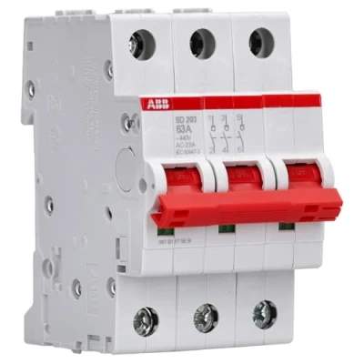 Afbeelding van Abb lastscheider sd aan uit schakelaar met rode tuimel 3 polig 63a 440vac ac 23a 25 ka 125vdc dc 21a mod breed 52 5mm 2cdd283101r0063