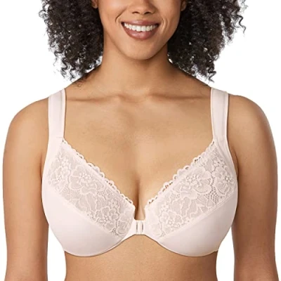 Afbeelding van DELIMIRA Dames Voorsluiting BH met beugel Kant Large Size Volledige cups zonder inzetstukken Kokoswit 80D