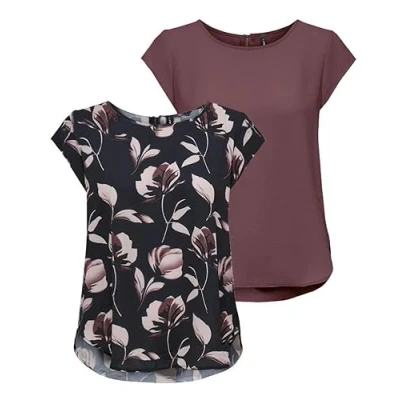Afbeelding van ONLY Dames Onlvic S/S Solid AOP Top Ptm T shirt, blouseshirt, korte mouwen, Verpakking van 2 (pak A: Rose Brown/Night Sky Flower Print), 38