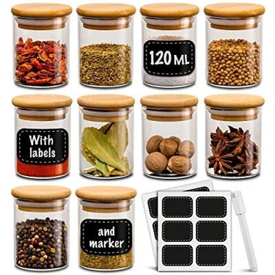 Afbeelding van Praknu Kruidenpotjes set van 10 120ml met etiketten en pen om te labelen Luchtdicht Vaatwasmachinebestendig Voor Specerijen Kruiden