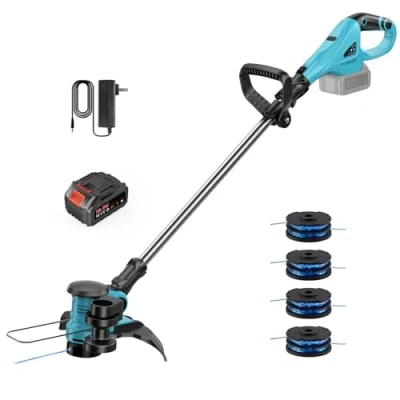 Afbeelding van accu grastrimmer met 4,0 Ah en oplader, 2 in 1 elektrische multifunctionele grastrimmer/kantensnijder, 4 grastouw, bosmaaier voor het snijden van gazon, tuin, binnenplaats, batterij