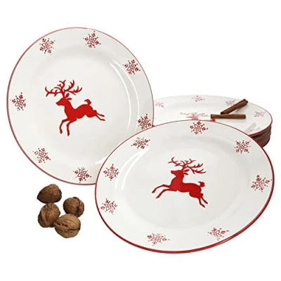 Afbeelding van Set van 6 platte borden voor Kerstmis, sneeuwvlokken en herten, personen, braden, noppen, X Mas, feestdagdiner, plat dinerbord, aardewerk