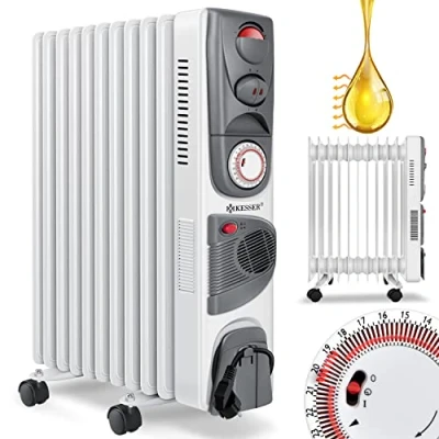 Afbeelding van KESSER® Olieradiator, elektrische verwarming met 11 ribben, 2500 W, ventilator, verwarming, mobiele timer, automatische uitschakeling, traploze temperatuurregeling,