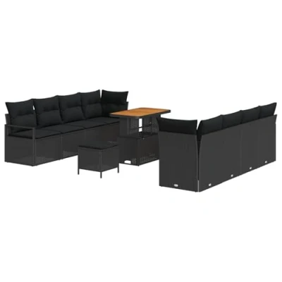 Afbeelding van vidaXL 11 delige Tuin Sofa Set met Kussens Zwart Poly Rattan Acacia, 2 zitter Rattan, 3 Eetset Acacia