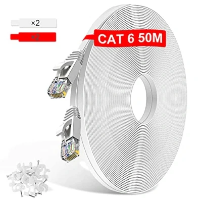 Afbeelding van TBMax 50m Ethernet kabel CAT6 extra lange netwerkkabel 1 GB 250 MHz hoge snelheid Gigabit LAN internetkabel plat patchsnoer met RJ45 connector voor router/modem/schakelaar/pc/laptop, wit
