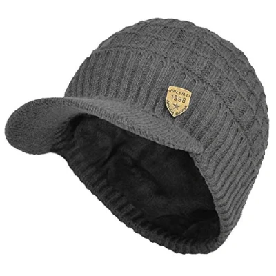 Afbeelding van Yixda Heren wintermuts met klep warm gebreide beanie cap fleece voering, grijs, Eén maat