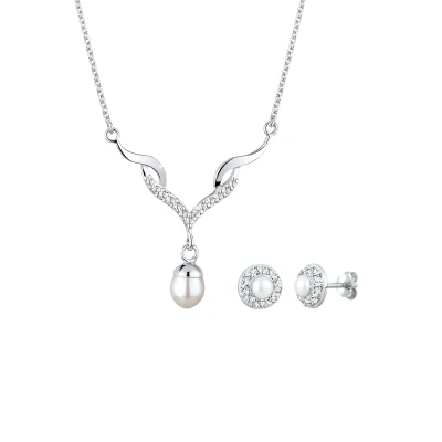 Afbeelding van Elli Dames druppel hanger set met kristallen en zoetwater gekweekte parels in 925 sterling Zilver