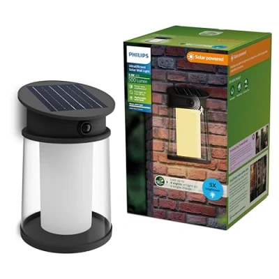 Afbeelding van Philips Juda Wandlamp UltraEfficient LED Solar buitenlamp Warmwit licht 2700K Zwart Rond ontwerp Bewegingssensor Zonne energie Schemersensor