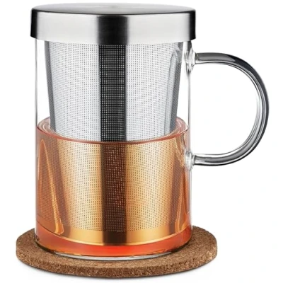 Afbeelding van Theekop Glas met Deksel en Zeef Theeglas &amp; Onderzetter 400ml Grote van Borosilicaatglas Fijnmazig Filter