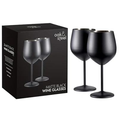 Afbeelding van Oak &amp; Steel 2 elegante zwarte roestvrijstalen wijnglazen, 540 ml, onbreekbare glazen cadeauset, voor binnen of buiten, verjaardagen, tuinfeesten, camping en barbecues