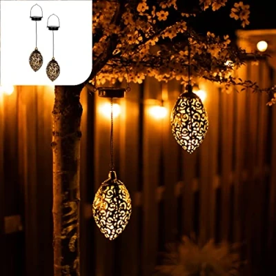Afbeelding van Gadgy Solar Hangende Oosterse Lantaarn Set 2st. Brons Tuinverlichting met Dag/Nacht Sensor Tuinlantaarn