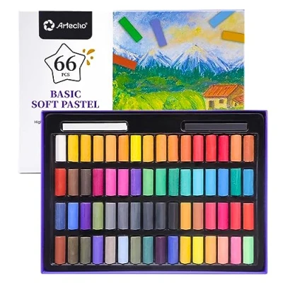 Afbeelding van Artecho Pastelkrijt, 66 delige premium set, 64 kleuren waaronder extra zwart en wit, ideaal voor kunstenaars, hobbyschilders, school, kunstonderwijs.