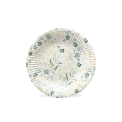 Afbeelding van PAW Papieren Borden Set (8 st.) I Diameter 18 cm Wegwerpborden Ideaal voor Bruiloft, Communie, Feesten, Verjaardag Druk op Waterbasis Feestbenodigdheden Gouden Eucalyptus