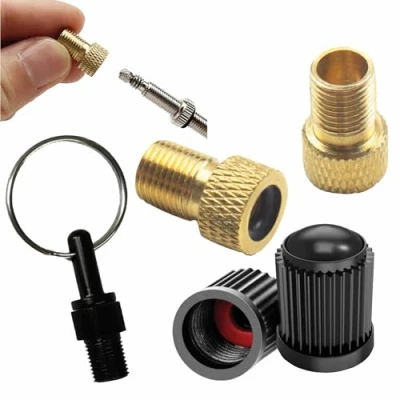 Afbeelding van Pitlane Performance® fietsventieladapterset; adapter van messing voor Presta Dunlop ventielen; Schrader + ventieldoppen (set 5 (inclusief sleutelhanger))