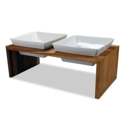 Afbeelding van Wolters Foodstation Meshidai Double Teak&amp;Wit Hondenvoerbak 52x26x15 cm