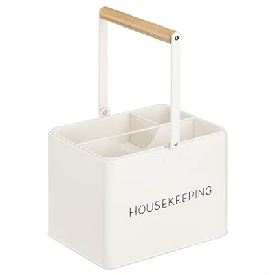Afbeelding van Navaris metalen schoonmaakmand met handvat Opslag en organiser bak houten Ideaal voor keuken of badkamer Vintage deco ontwerp