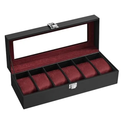 Afbeelding van SONGMICS Horlogedoos met 6 sleuven, horlogekastje glazen deksel, horlogedisplay box afneembare horlogekussentjes, metalen sluiting, cadeau idee, zwart synthetisch leer, wijnrode voering,