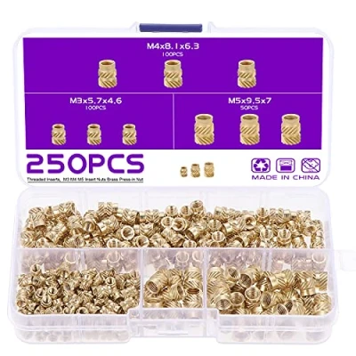 Afbeelding van Gueenky 250 stuks binnendraad gekartelde moeren, M3 M4 M5 messing schroefdraadinzet, 3 maten eenbedmoeren assortiment voor 3D printen kunststof onderdelen spuitgieten door warmte of ultrasoon geluid