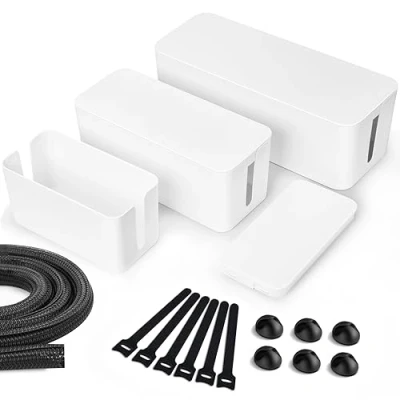 Afbeelding van Lannvan kabelbox, set van 3 kabelboxen, wit (groot en medium klein) ABS kunststof, kabelmanagementbox, organizer, inclusief kabelhouder, kabelbinders kabelslang om