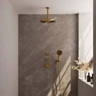 Afbeelding van Brauer Gold Edition Regendoucheset inbouw hoofddouche 30cm plafondarm 3 gladde knoppen handdouche rond standen PVD geborsteld goud