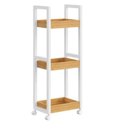 Afbeelding van SONGMICS trolley, badkamerplank, badkamerplank met 3 niveaus, nisplank bamboe, smalle plank, niswagen op wielen, ruimtebesparend, 20 x 30 80 cm, wit naturel BCB083N02