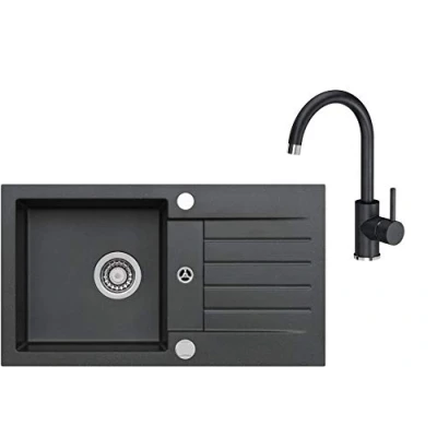Afbeelding van VBChome Gootsteen met armatuur 75 x 42 cm zwart wastafelarmatuur graniet enkele wastafel inbouwspoelbak gespikkeld omkeerbaar composiet spoelbak sifon Drexexcenter kraan hendel