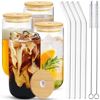 Afbeelding van Lutranstra Set van 4 glazen bekers met rietje, drinkbeker deksel en 460 ml, beker stuks