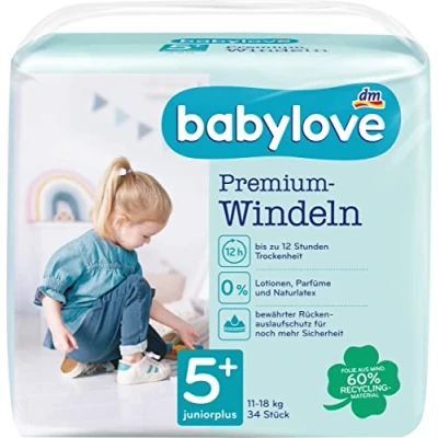 Afbeelding van babylove Luiers Premium actief plus maat 5+, juniorplus 13 27kg, 1 x 34 stuks