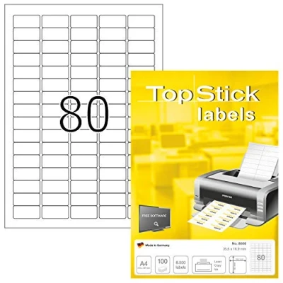 Afbeelding van TopStick 8660 universele etiketten A4 mini (35,6 x 16,9 mm, 100 velle, papier, mat) zelfklevend, bedrukbaar, permanente klevende adreslabels, 8.000 voor printer, wit