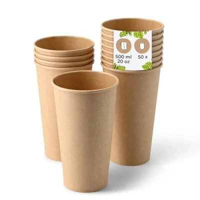 Afbeelding van BIOZOYG 50 x kartonnen bekers 500 ml, Ø 90 mm, bruin, wegwerpbekers plasticvrij en van duurzame materialen, koffiebekers wegwerp