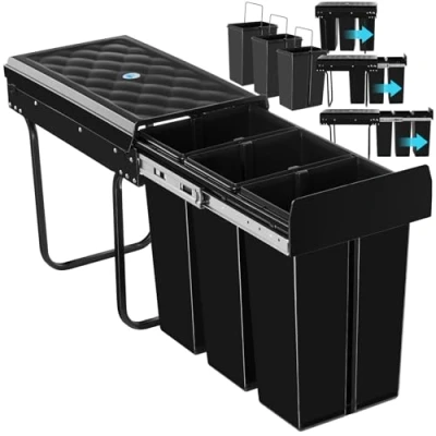 Afbeelding van tectake® Afvalverzamelaar inbouw vuilnisbak 3 voudige Scheiding, 30L, Telescooprails Efficiënte Opruimoplossing voor Keuken en Kantoor Prullenbak