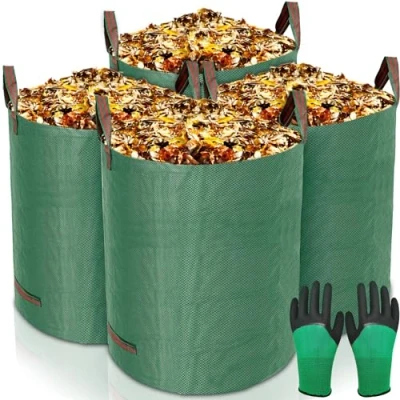 Afbeelding van GUHAOOL tuinzak 4 x 272 L tuinafvalzak, zelfstaande en opvouwbare bladzakken, afvalzakken voor tuinafval van extreem robuust polypropyleenweefsel (PP), waterdicht/scheurbestendig, met tuinhandschoenen
