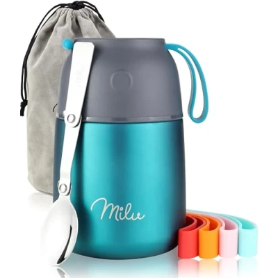 Afbeelding van Milu® Thermocontainer, 450 ml, 650 800 roestvrij staal, warmhoudcontainer, voedselcontainer, babyvoeding, container om eten warm te houden, thermische lunchbox, muesli to go, groen, ml