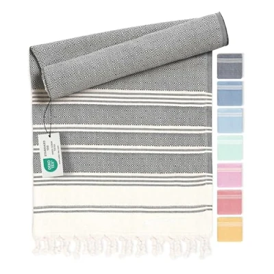 Afbeelding van Fit Flip Hamamdoek Strandhanddoek XXL van 100% gerecycled katoen sneldrogend strandlaken, fouta, pestemal Turkse handdoek ideaal als hamam saunahanddoek en sarong Antraciet 100x200cm Diamond