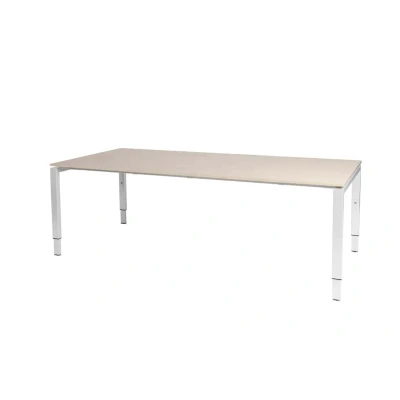 Afbeelding van Domino vergadertafel, hoogte instelbaar (62 85cm) met 200x100cm &#039;zwevend&#039; lindberg (licht) eiken 25mm blad en wit (RAL9010) N poot frame