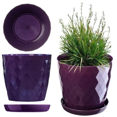 Afbeelding van KADAX Bloempot met Schotel, Plantenpot voor Bloemen, Planten, Kruidenplanten, binnen, Plantenbak van Kunststof, decoratieve Pot, Planter (12 cm, violet)