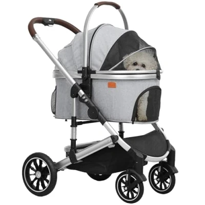 Afbeelding van PawHut Hundewagen 3 in 1 Hundebuggy klappbar für Hunde &amp; Katzen bis 10 kg Katzenbuggy mit Kissen Becherhalter Netzfenstern Türen Aufbewahrungskorb Katzenwagen Buggy Dunkelblau