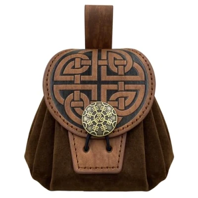 Afbeelding van HiiFeuer Middeleeuws riemtasje van kunstleer met reliëf, Retro Renaissance Draagbare Riemtas Muntzak Dobbelsteentas voor LARP Ren Faire (Bruin C)