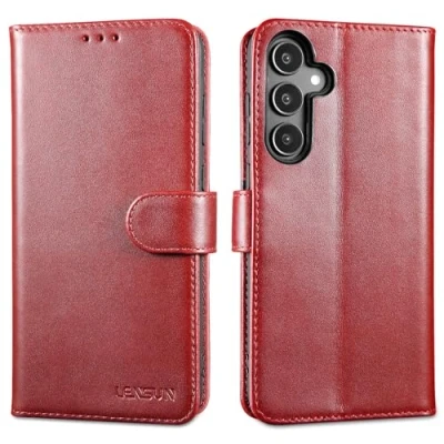 Afbeelding van Lensun Samsung Galaxy A55 5G Hoesje, echt leren hoes [RFID blokkeer] boek portefeuille magneetsluiting flip voor wijnrood