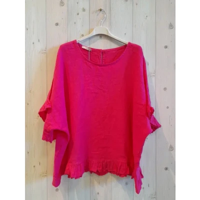 Afbeelding van 100% linnen top in kleur FUCHSIA raglan mouwen met ribbels maat 42