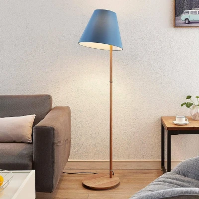 Afbeelding van Lucande vloerlamp 1licht stof, hout H: 160 cm E27 blauw, donker eiken