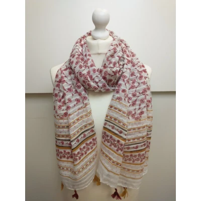 Afbeelding van Lange dames sjaal Hester gebloemd motief bordeaux rood oker geel wit olijf groen