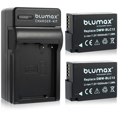 Afbeelding van 2X Blumax oplaadbare batterij voor Panasonic DMW BLC12 / E 1000mAh + lader geschikt Lumix DMC: G5 G6 GX8 G70 G81 GH2 FZ200 FZ300 FZ1000 FZ2000 Leica V Lux 4