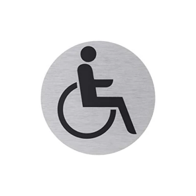 Afbeelding van Metafranc Kleefbord symbool: rolstoelbestuurder Ø 75 mm van aluminium in moderne roestvrijstalen look zelfklevende achterkant/signaal/informatiebord/geschikt voor gehandicapten / 507220