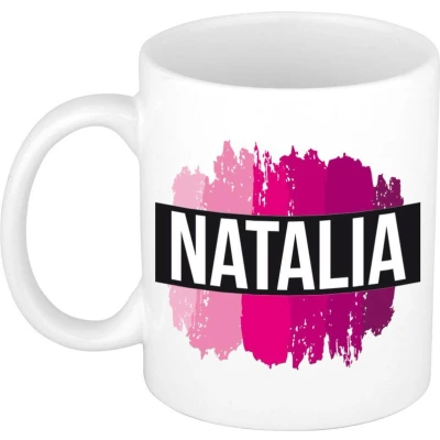 Afbeelding van Natalia Naam / voornaam kado beker mok roze verfstrepen Gepersonaliseerde met mokken